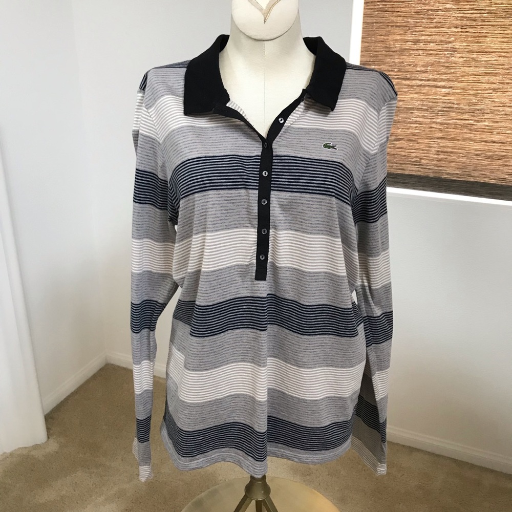 Lacoste striped v-neck collared long sleeves top